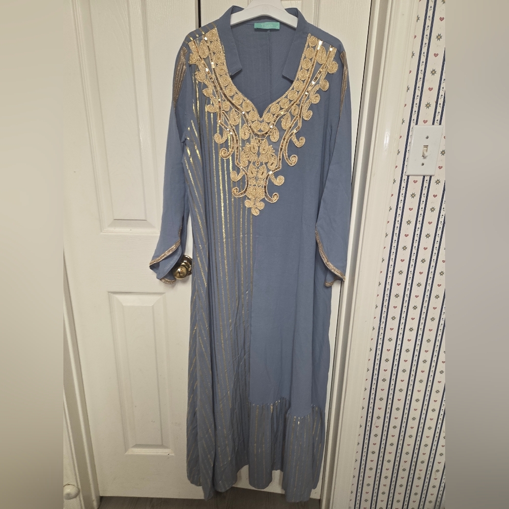 Toleen Elegant Blue and Gold Embroidered Dress
